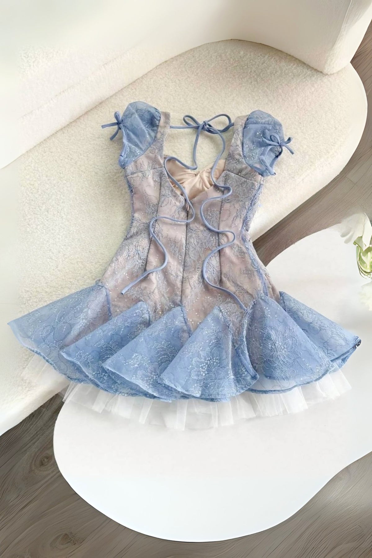 Lace Embroidery Puffy Mini Dress In Blue Flowering Girl