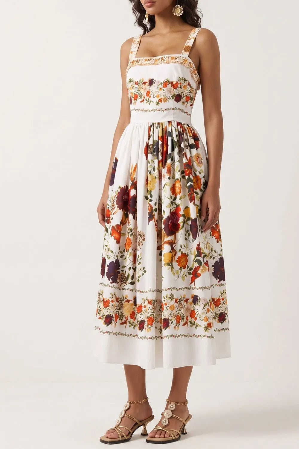 Wide Strap Floral Print Midi Dress Flowering Girl