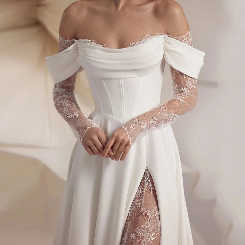 A Line Off Shoulder Split Satin Lace Appliques Bridal Gowns Flowering Girl