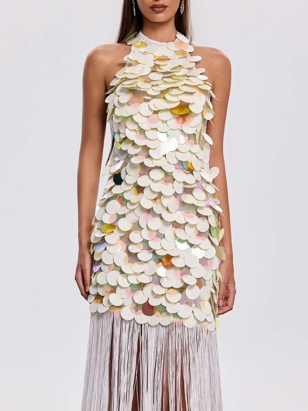 Aurdex Backless Fringe Sequin Maxi Dress Flowering Girl