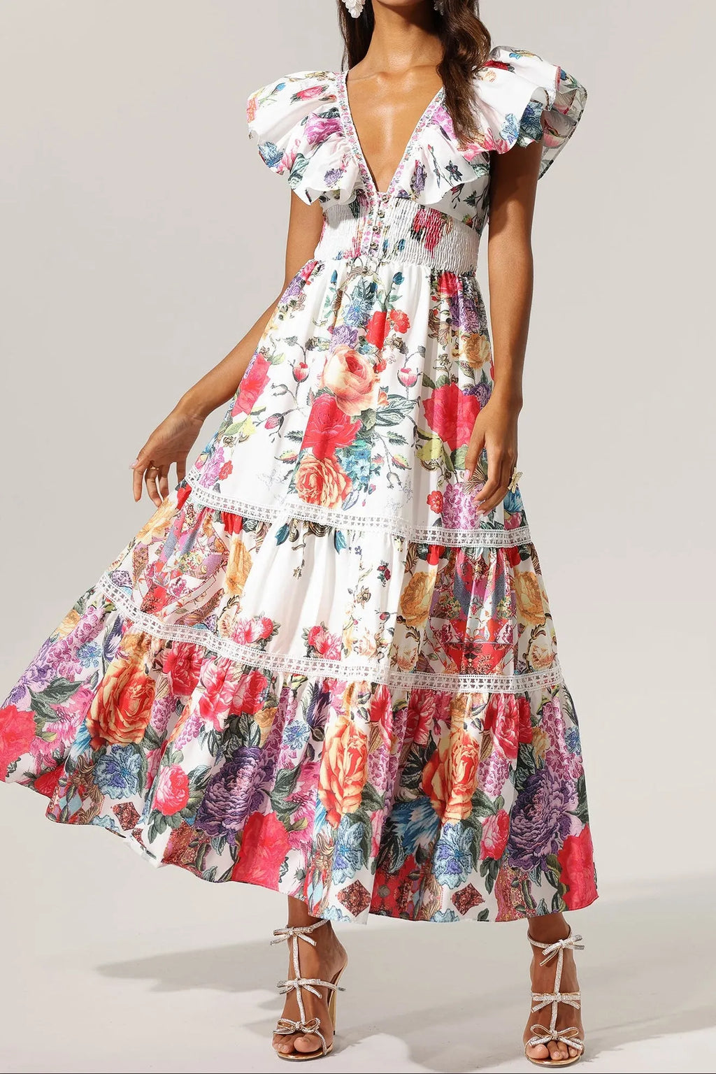 Violet Backless Ruffle Floral Printed Maxi Dress Flowering Girl