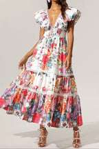 Violet Backless Ruffle Floral Printed Maxi Dress Flowering Girl