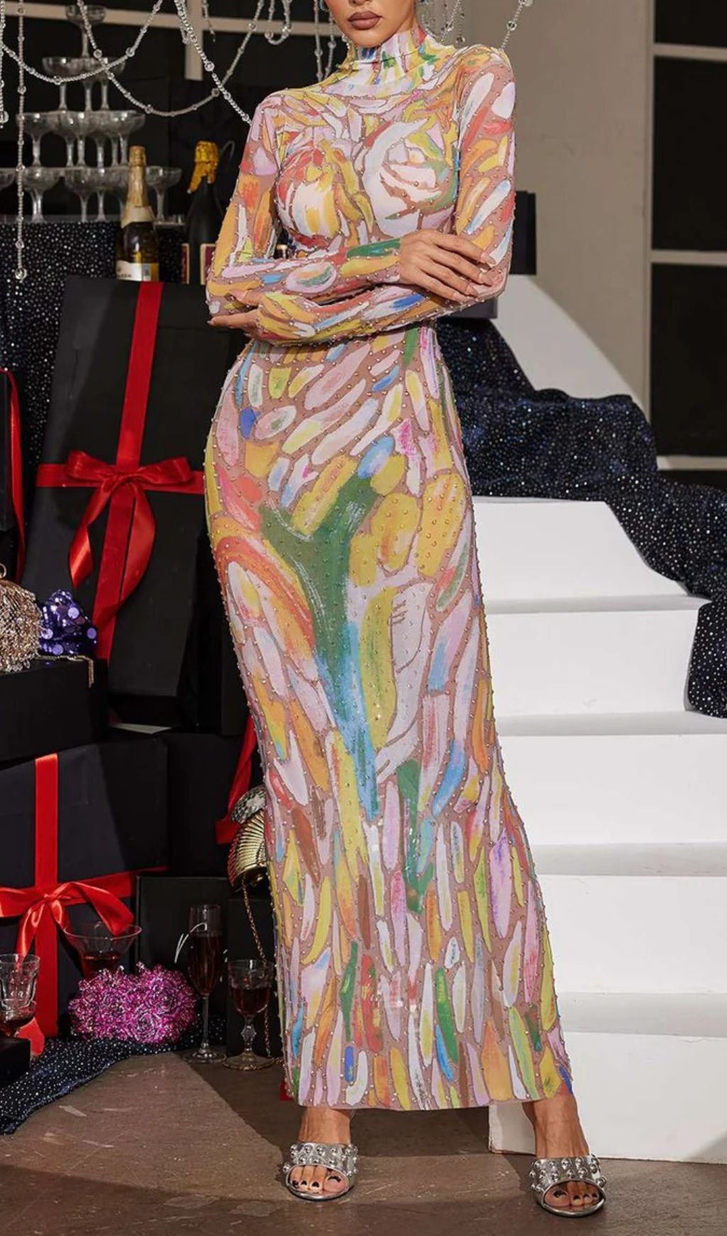 Rupok Turtleneck Rhinestone Maxi Dress Flowering Girl