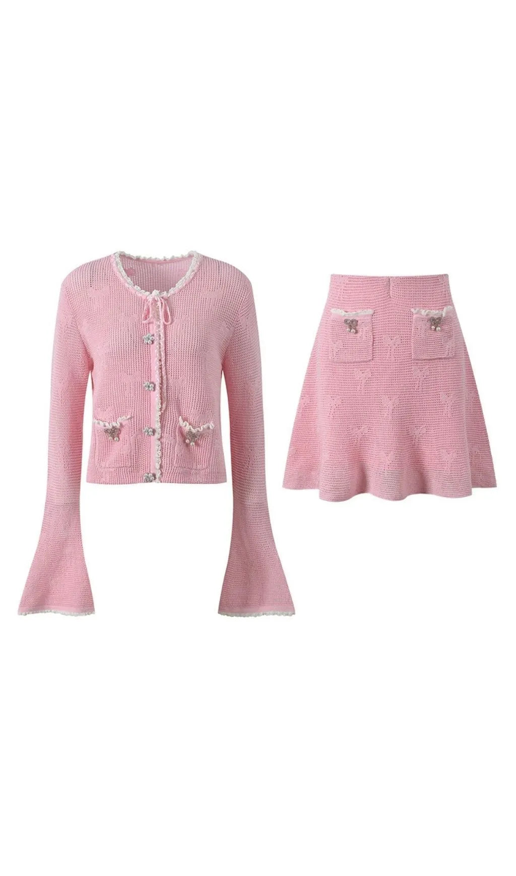 Joanna Knit Co-Ord Set With Pearl & Bow Detailing – Pink Flowering Girl