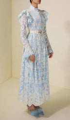 Alma Chiffon Embroidered Single Breasted Midi Dress With Belt - Blue Flowering Girl