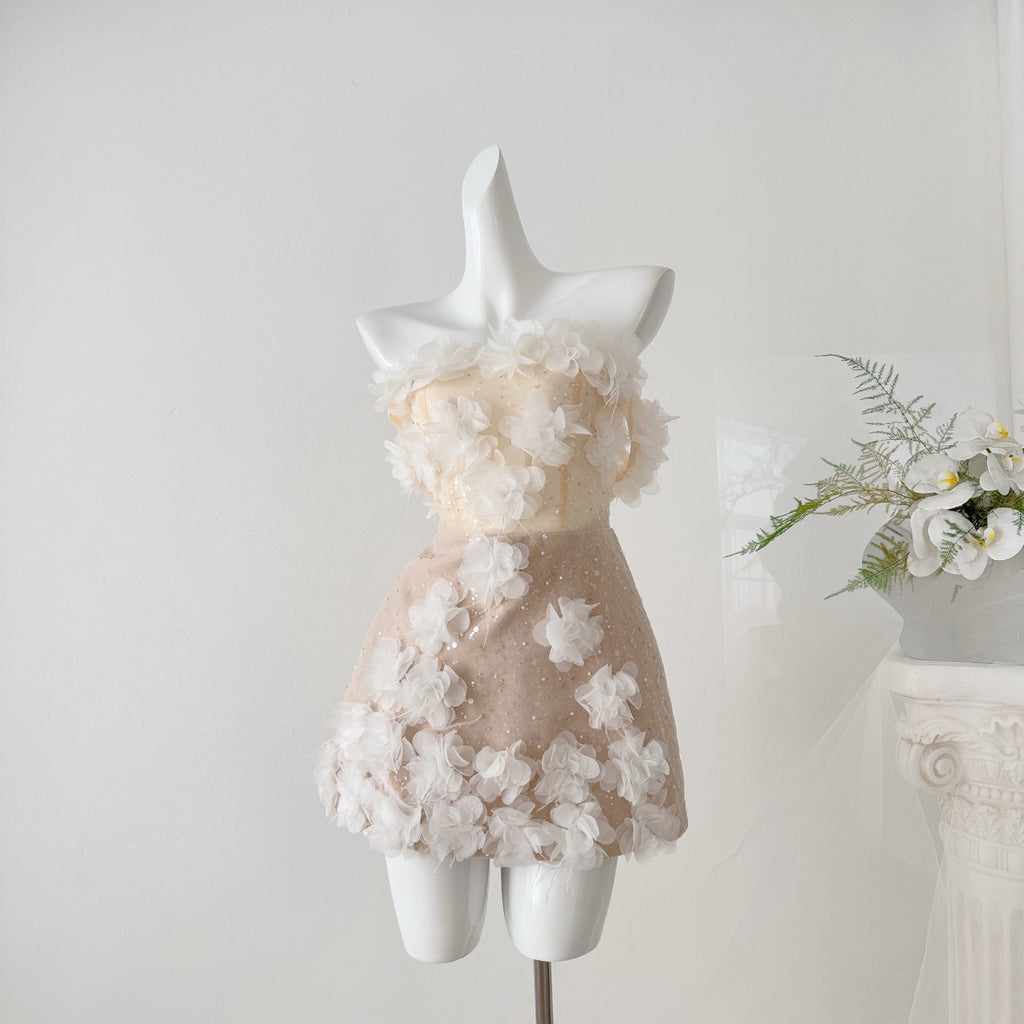 Nude Mesh Overlay Fitted Sheath Mini Dress with 3D Floral Appliqué Flowering Girl