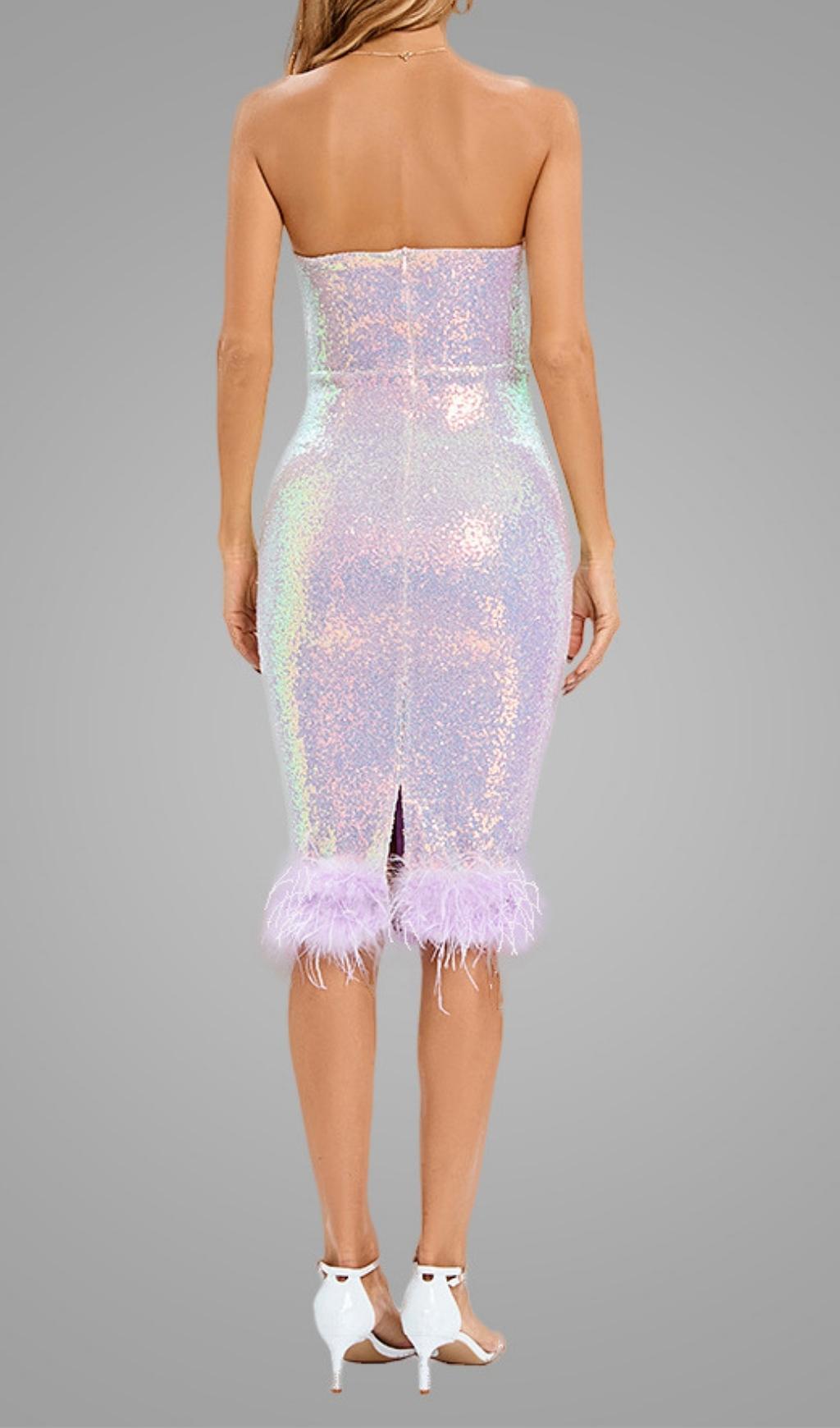 Feather Sequin Midi Dress In Purple Flowering Girl