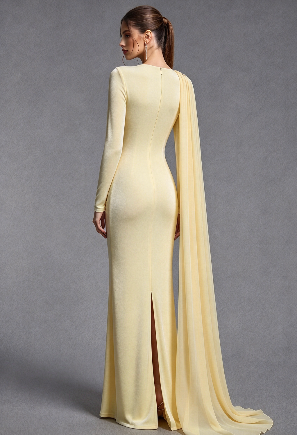 Pale Yellow Fine Stretch Knit Column Evening Gown with Asymmetric Draped Cape Flowering Girl