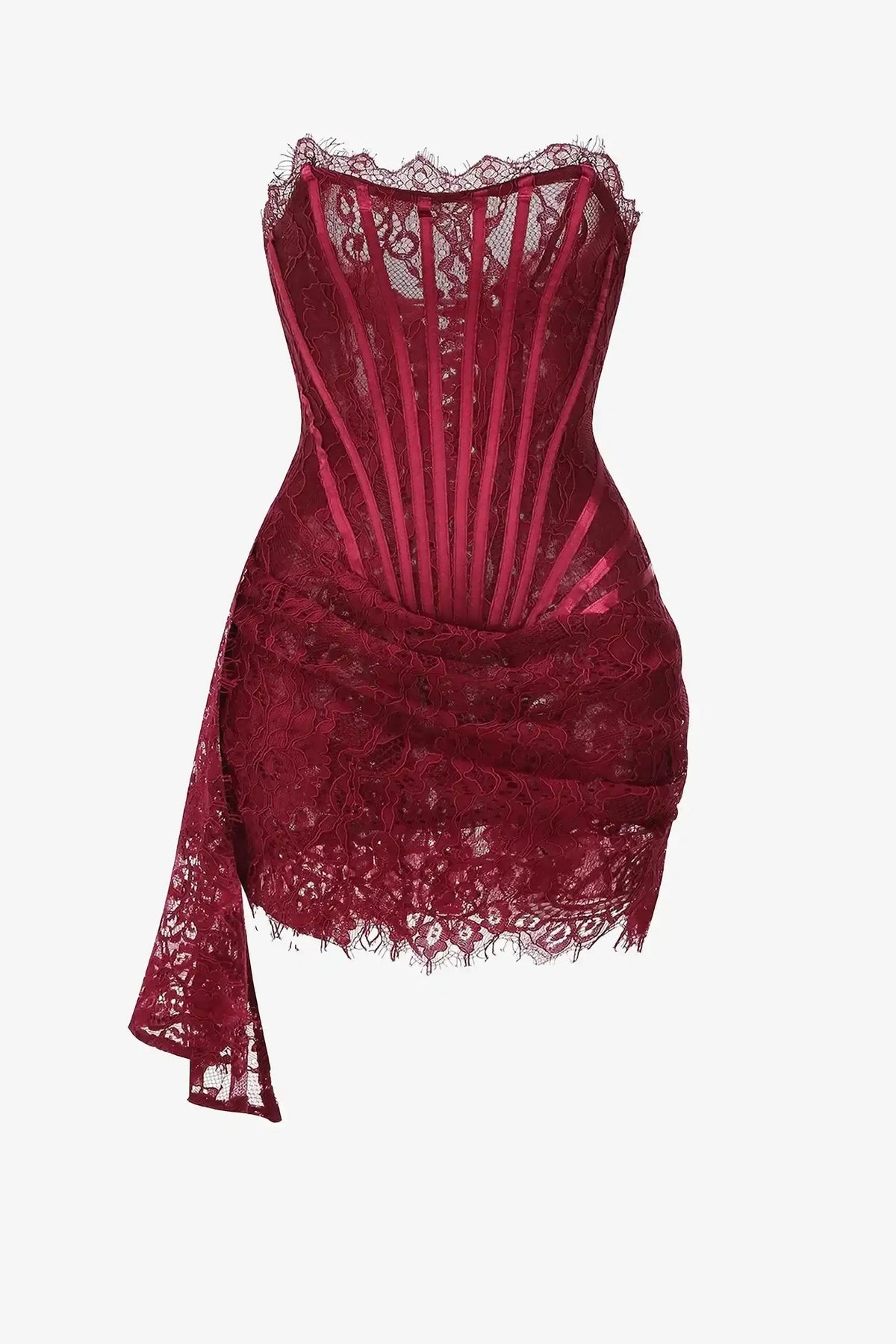 Burgundy Lace Overlay Bustier Mini Dress Flowering Girl