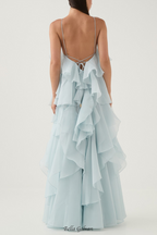 Caysie Halter Floral Ruffle Layered Maxi Dress in Blue Flowering Girl