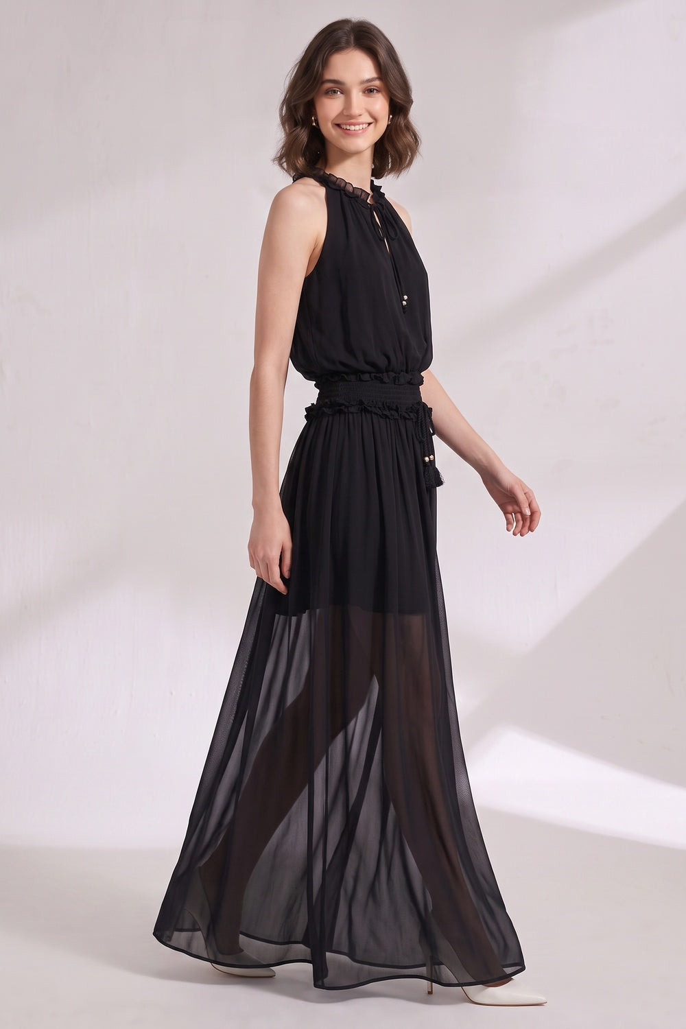 Black Chiffon A-Line Blouson Maxi Dress Flowering Girl