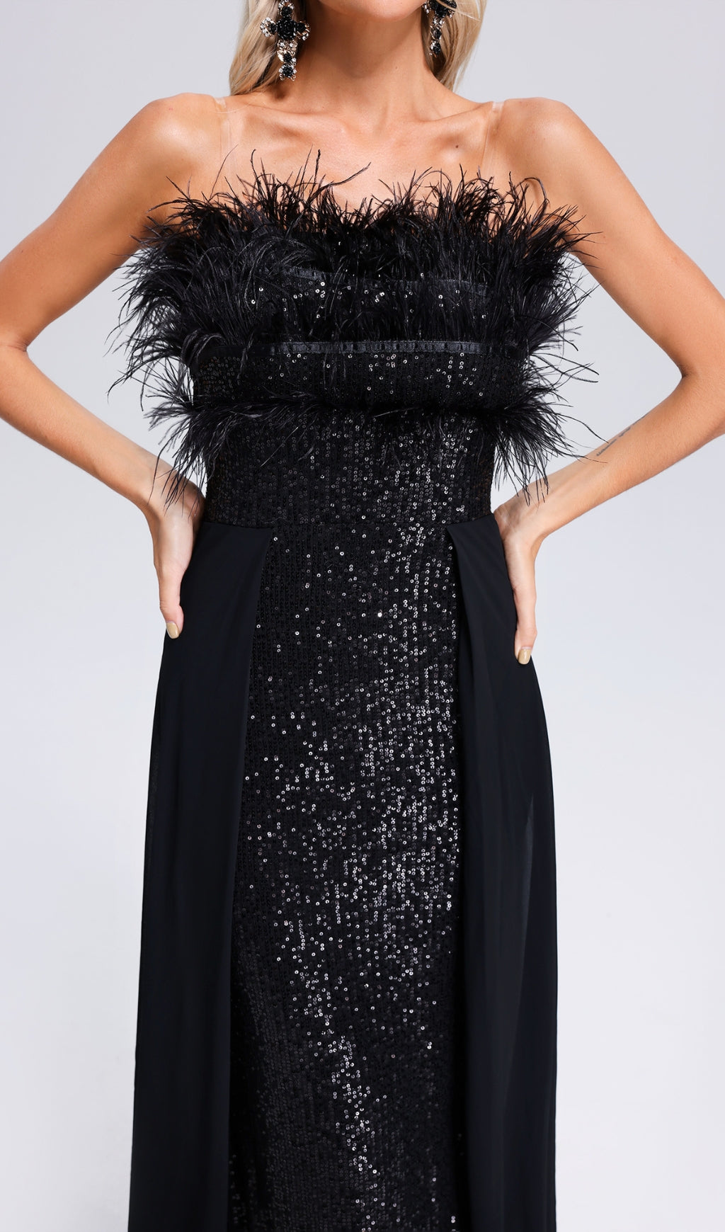Adams Black Feather Sequin Maxi Dress Flowering Girl