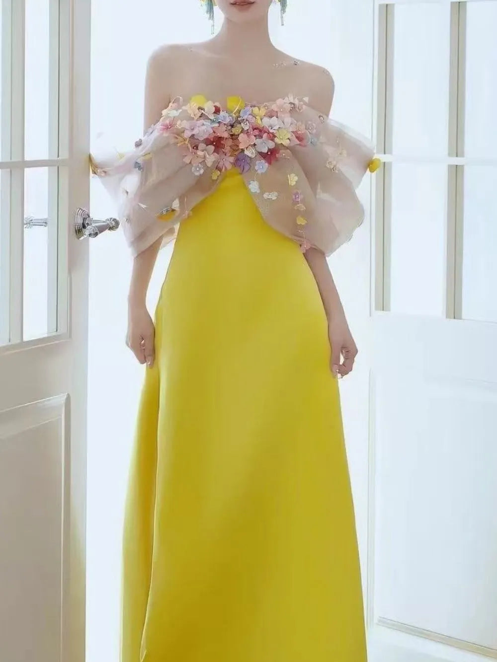 Bright Yellow Satin Strapless Maxi Gown With 3D Colorful Floral Tulle Bust Flowering Girl