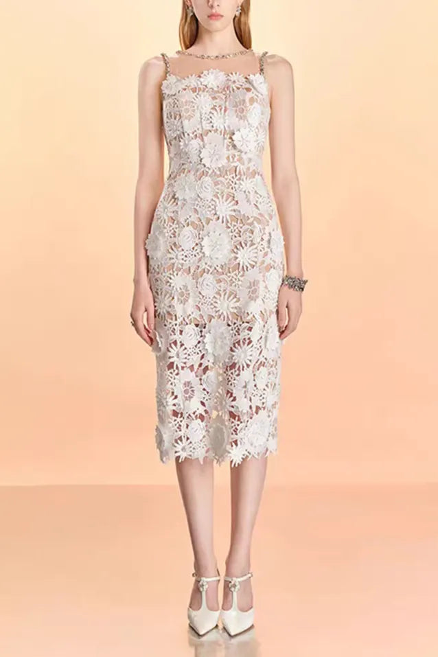 MESH DIAMOND LACE MIDI DRESS IN WHITE Flowering Girl