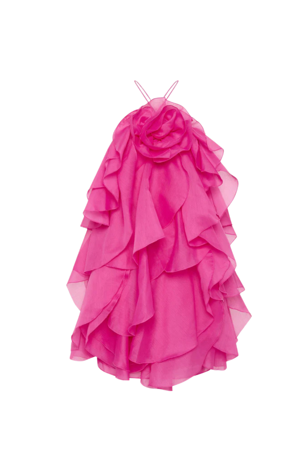 Lorraine Halter Floral Ruffle Layered Mini Dress In Fuchsia Flowering Girl