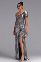 Silver Metallic One-Shoulder Draped Maxi Dress Flowering Girl