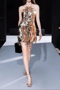 Tammy Halter Sleeveless Sequin Mini Dress In Gold Flowering Girl