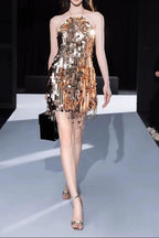 Tammy Halter Sleeveless Sequin Mini Dress In Gold Flowering Girl