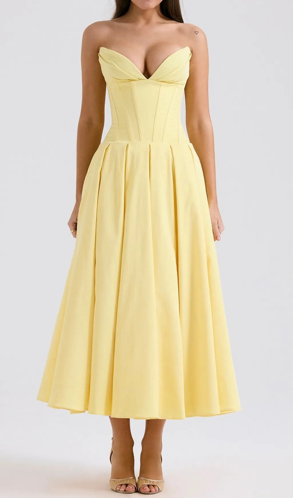 Devani Yellow Strapless Corset Midi Dress
