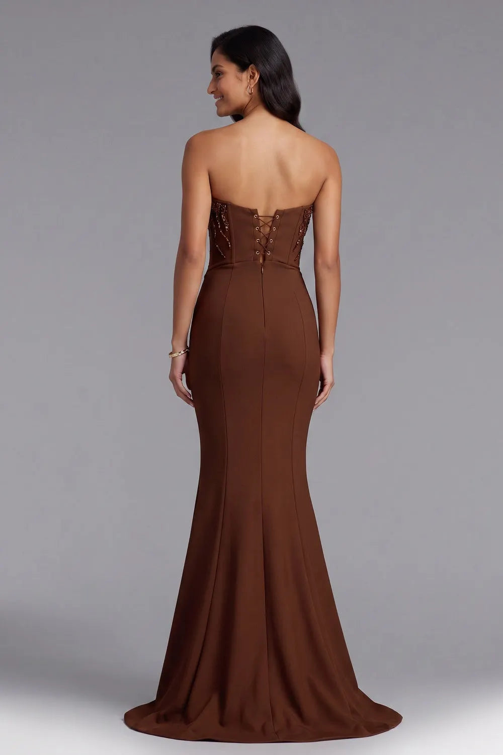 Brown Strapless Beaded Mermaid Evening Gown Flowering Girl