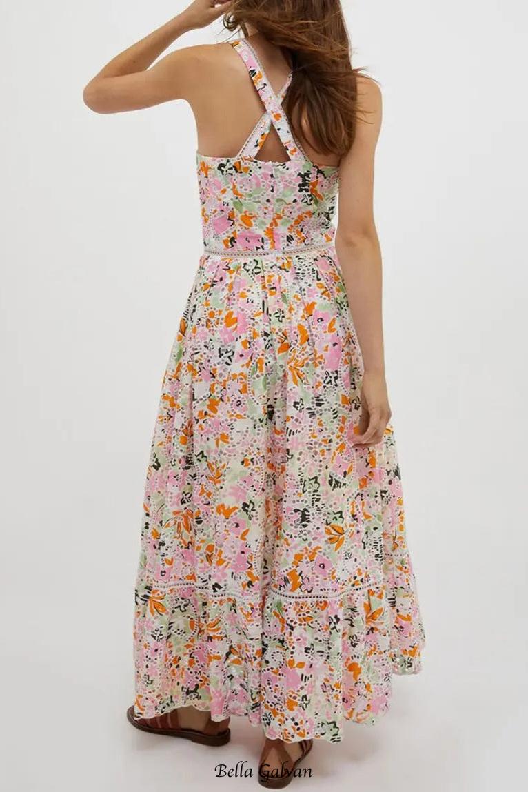 samantha Multicolor Cotton Floral Midi Dress Flowering Girl
