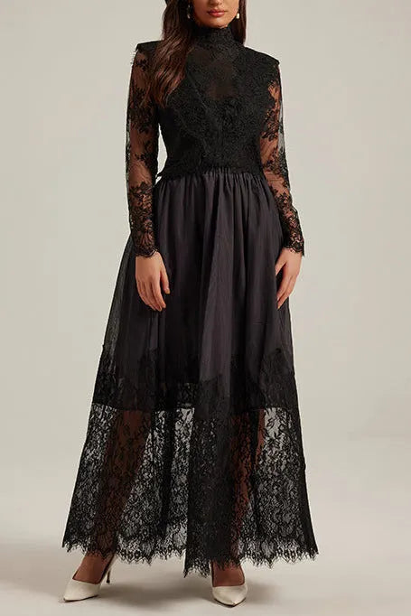 Lila Flowerr Lace Embroidery Maxi Dress Set In Black Flowering Girl