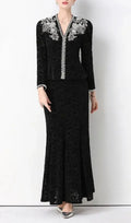 Georgia Beaded V-Neck Lace Top & Fishtail Skirt Set - Black Flowering Girl
