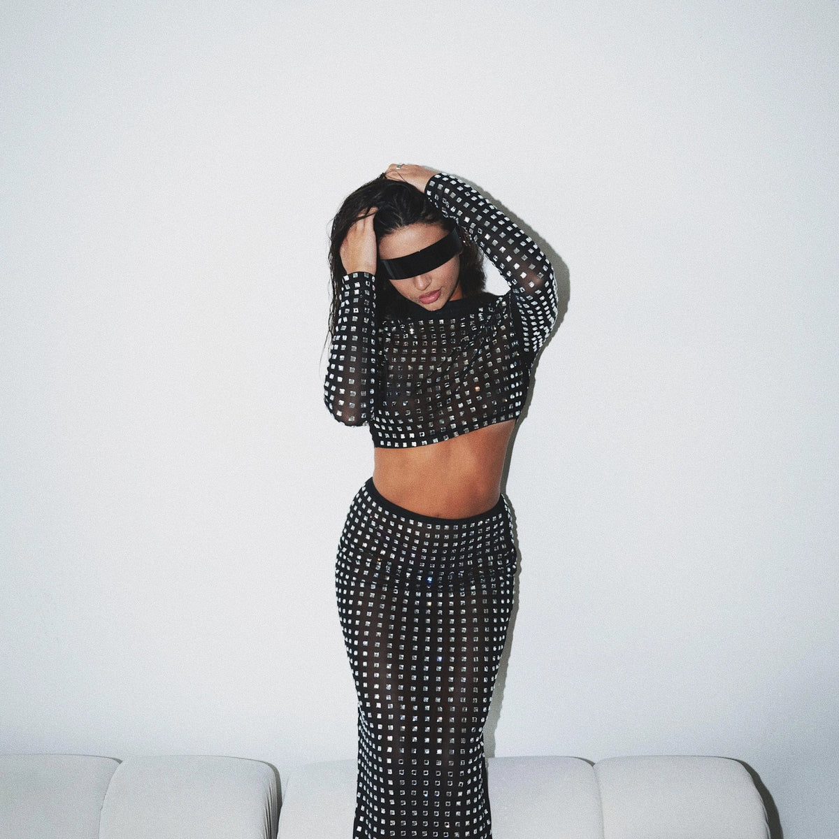Metallic Sequin Mesh Top In Black Flowering Girl