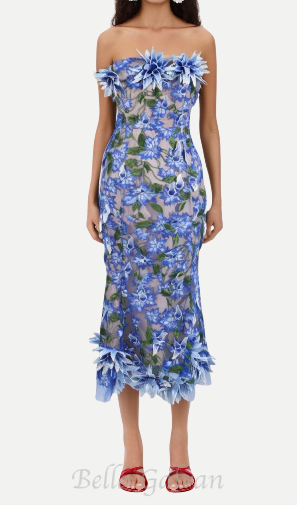 3D flower embroidery strapless midi dress in blue Flowering Girl