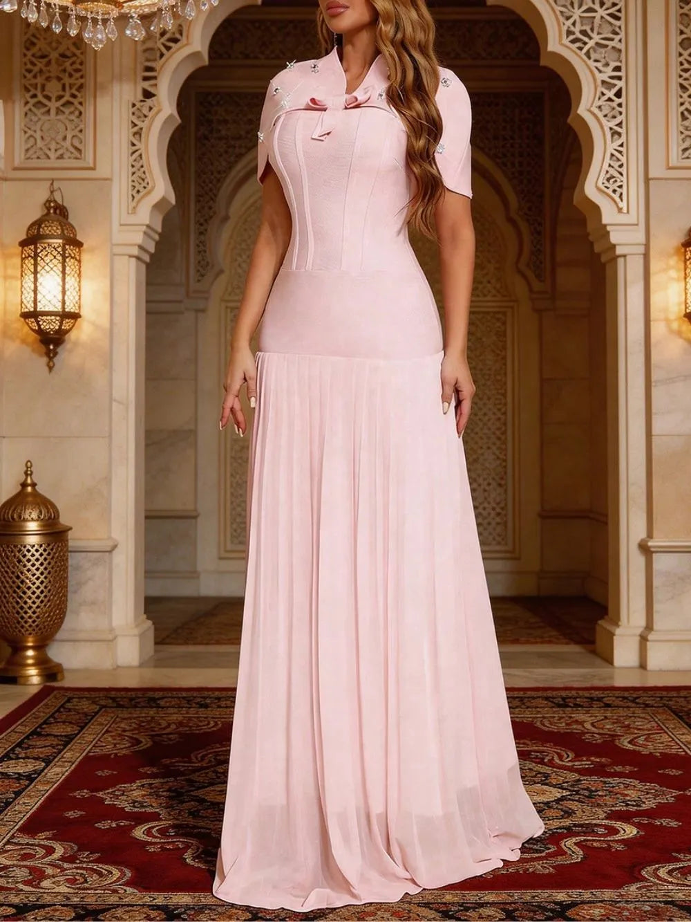 Makiko Pink Bandage Maxi Dress With Beaded Cape Flowering Girl
