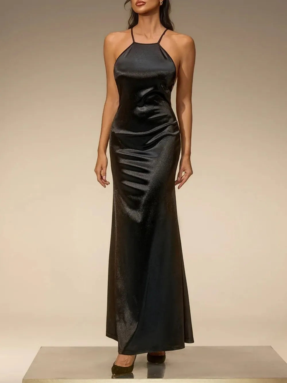 Asteron Backless Satin Maxi Dress In Black Flowering Girl