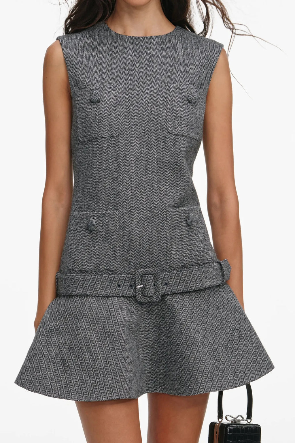 Euryda Herringbone Belted Flared Mini Dress Flowering Girl