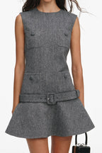 Euryda Herringbone Belted Flared Mini Dress Flowering Girl