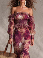 Rose Pink Floral Off-Shoulder Chiffon Maxi Dress Flowering Girl