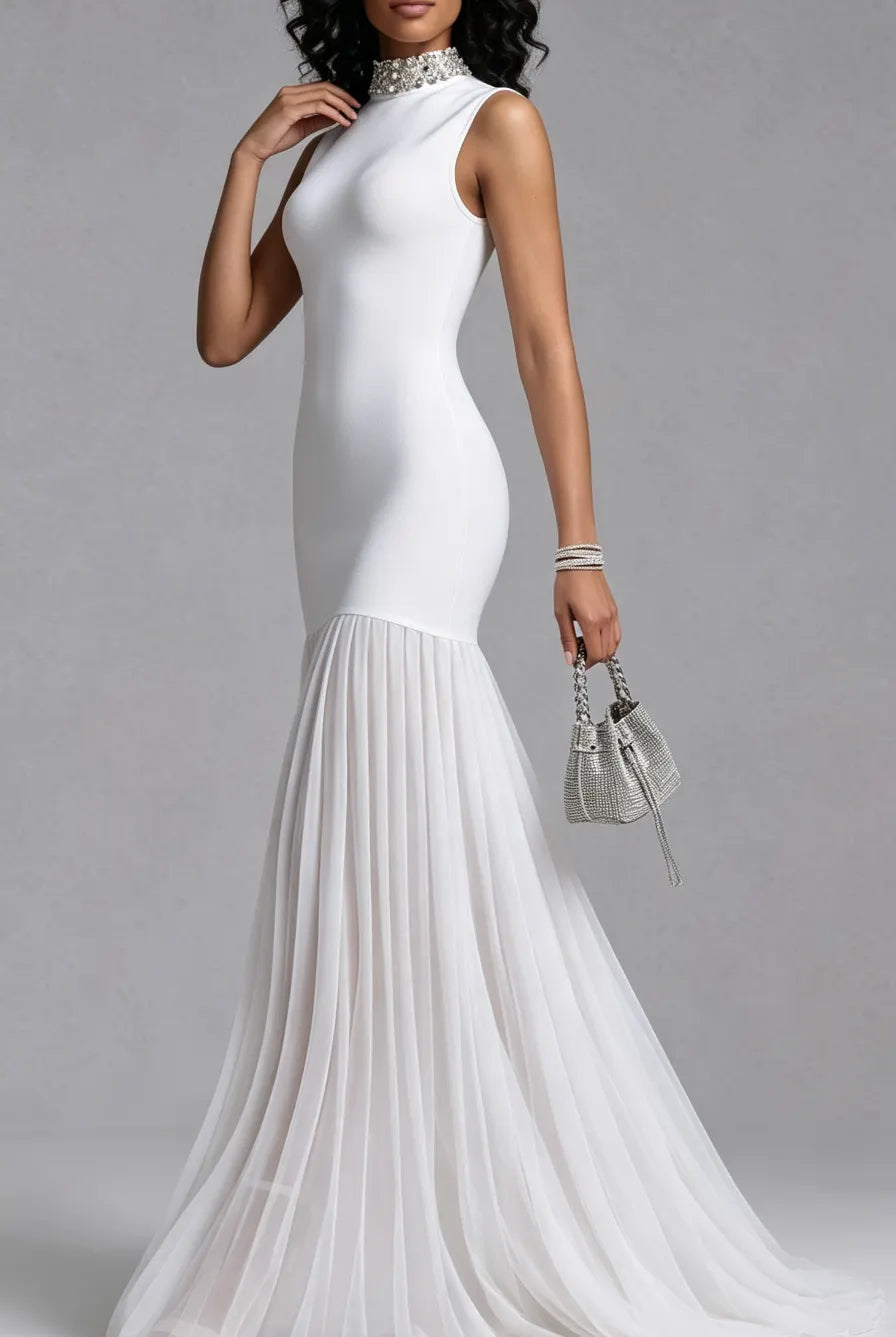 Rhinestone High Neck Sleeveless Bandage Chiffon Maxi Dress Flowering Girl
