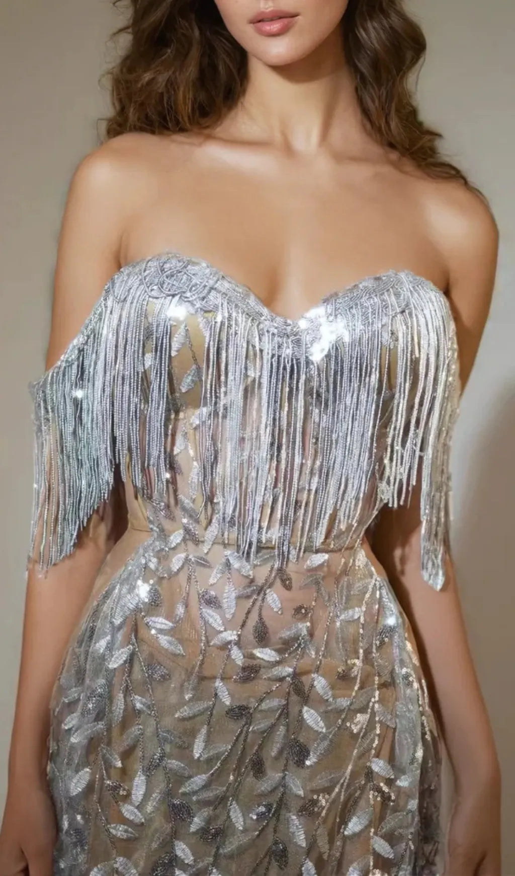 Caspar Strapless Leafy Fringe Maxi Dress Flowering Girl