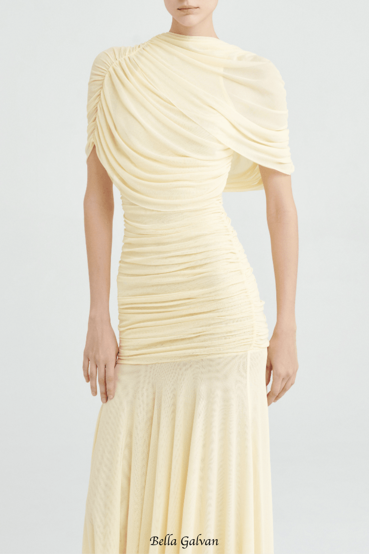 Suttoa Mesh Shawl Ruched Maxi Dress - Yellow Flowering Girl