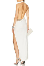 Sharon Halter Backless High Slit Diamond Maxi Dress In White Flowering Girl