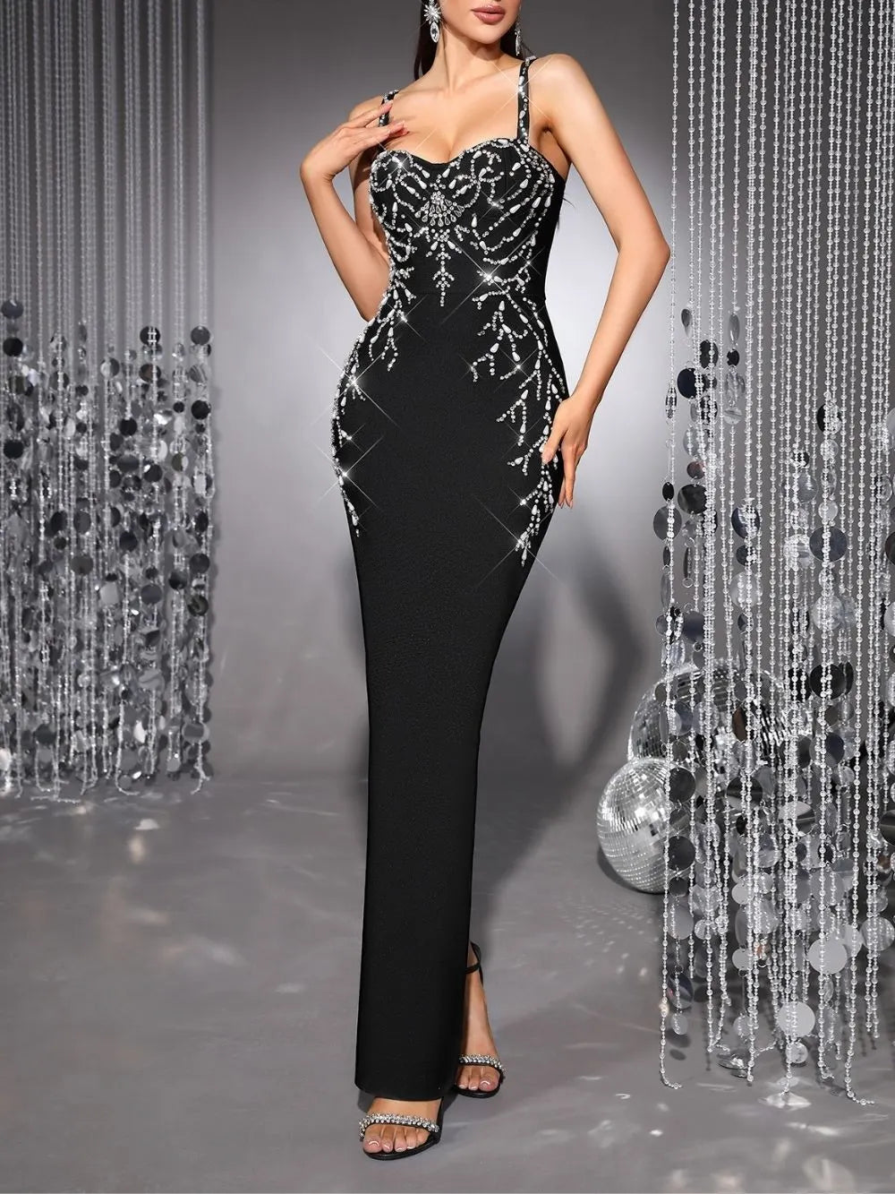Mariza Black Strappy Diamante Bandage Maxi Dress Flowering Girl