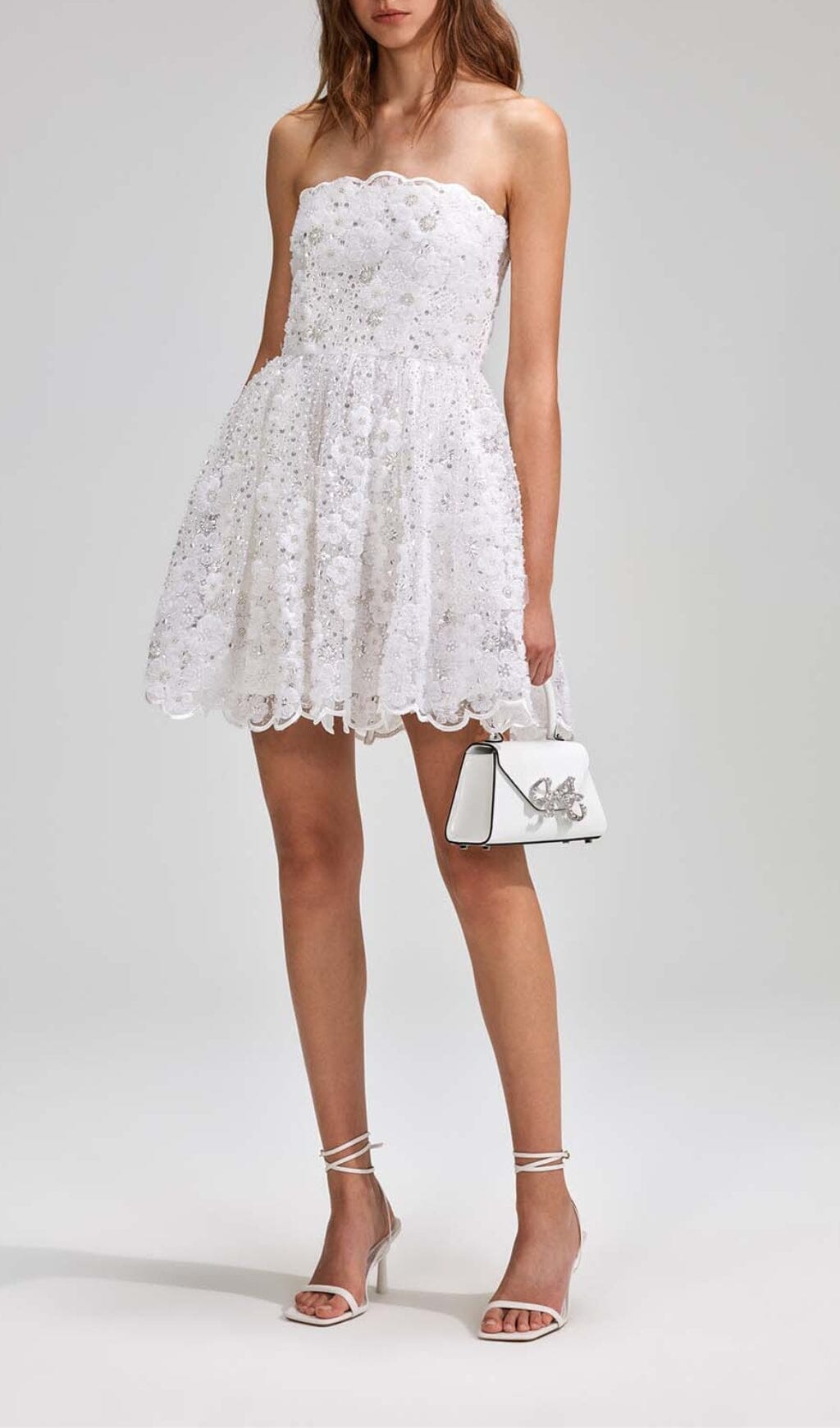 Beaded Sequin Bandeau Mini Dress In White Flowering Girl