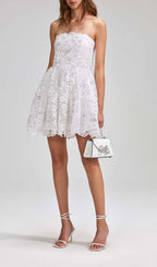 Beaded Sequin Bandeau Mini Dress In White Flowering Girl