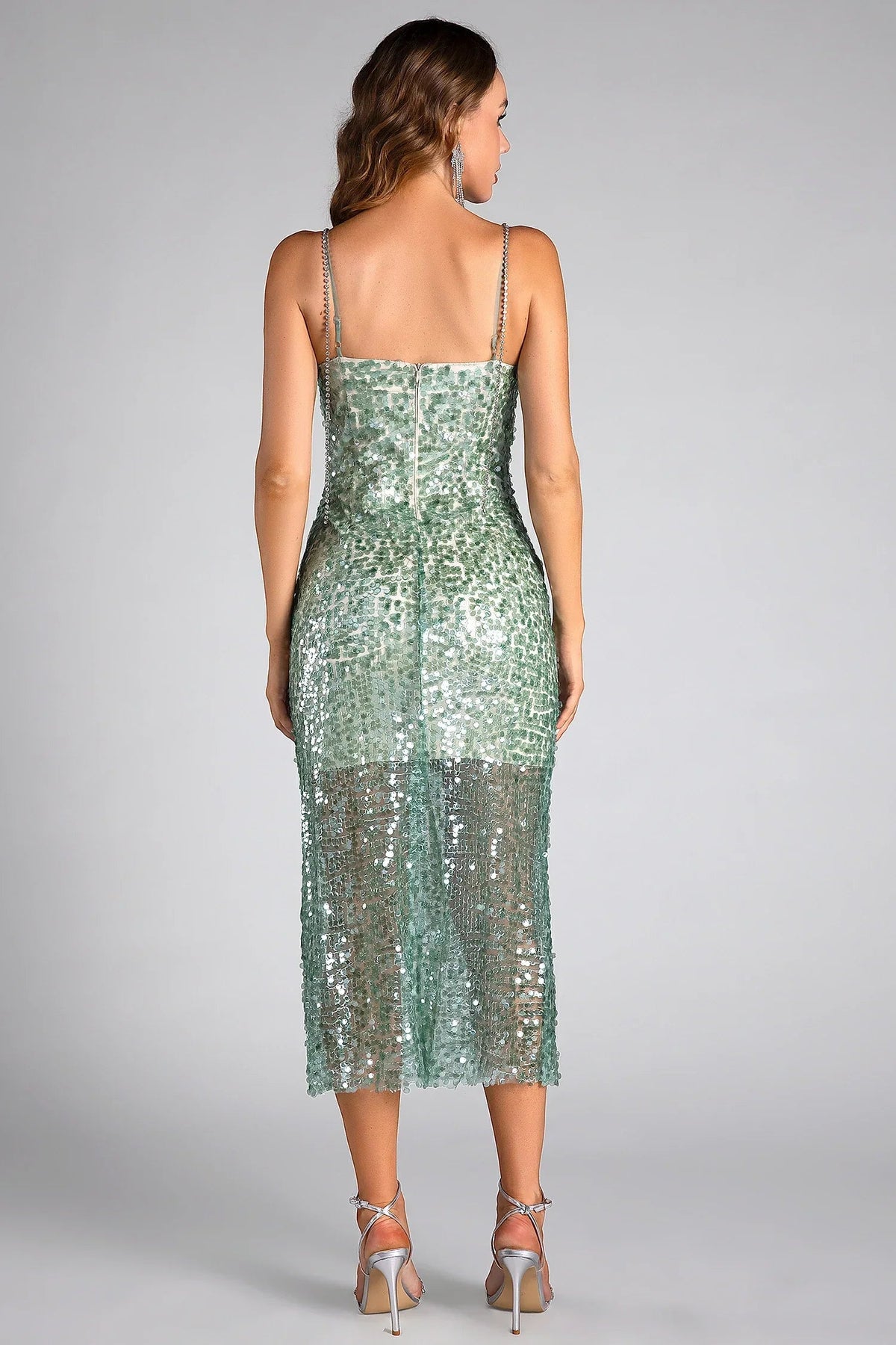 Primili Rhinestone Strap Sequin Midi Dress Flowering Girl