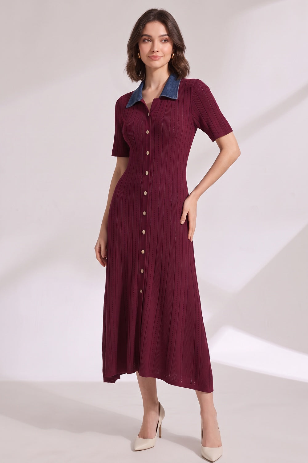 Burgundy Ribbed Knit A-Line Dress Flowering Girl