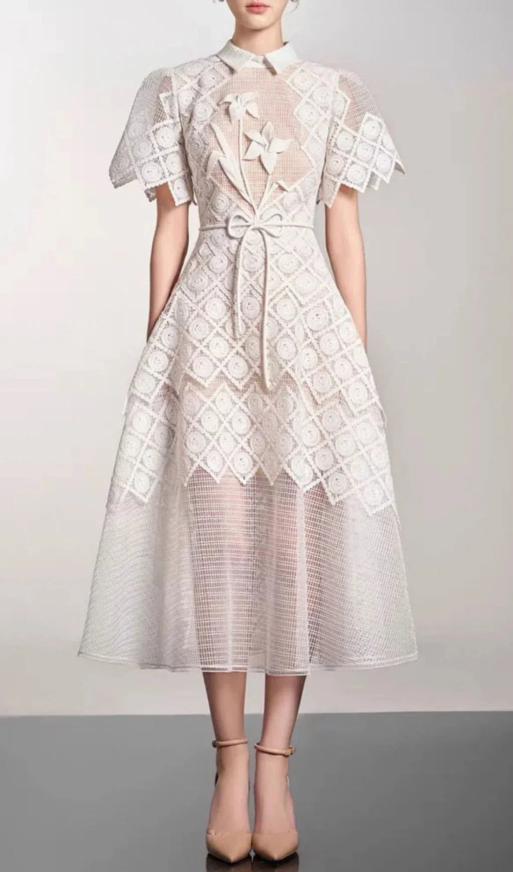 Embroidery Midi Dress In White Flowering Girl