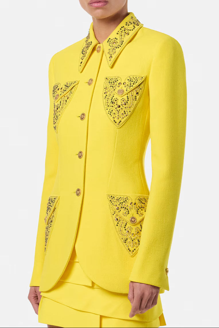 Anila Studded Wool Fitted Single-Breasted Blazer In Yellow Flowering Girl