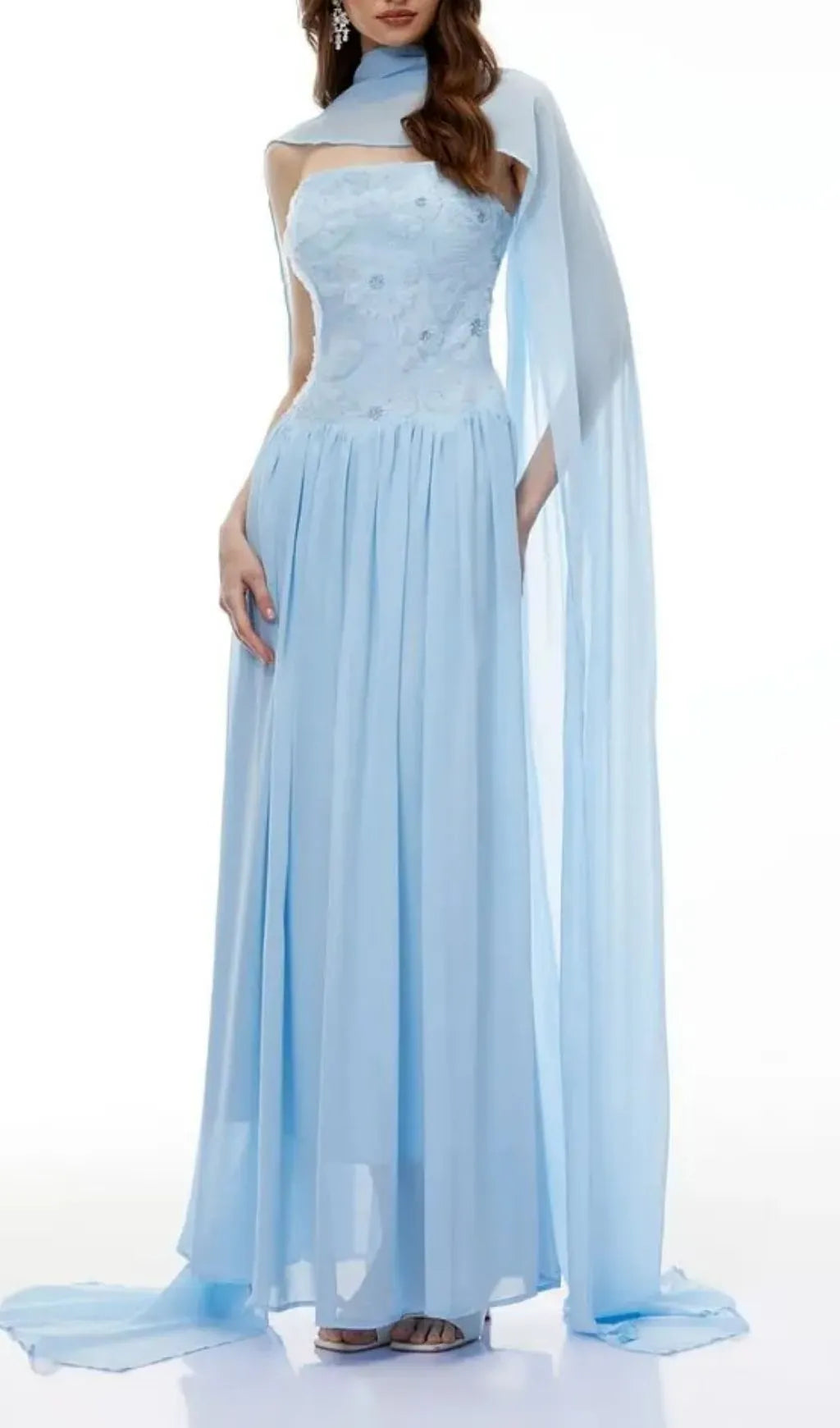 Rebecca Blue Floral Embroidered Pleated Maxi Dress Flowering Girl