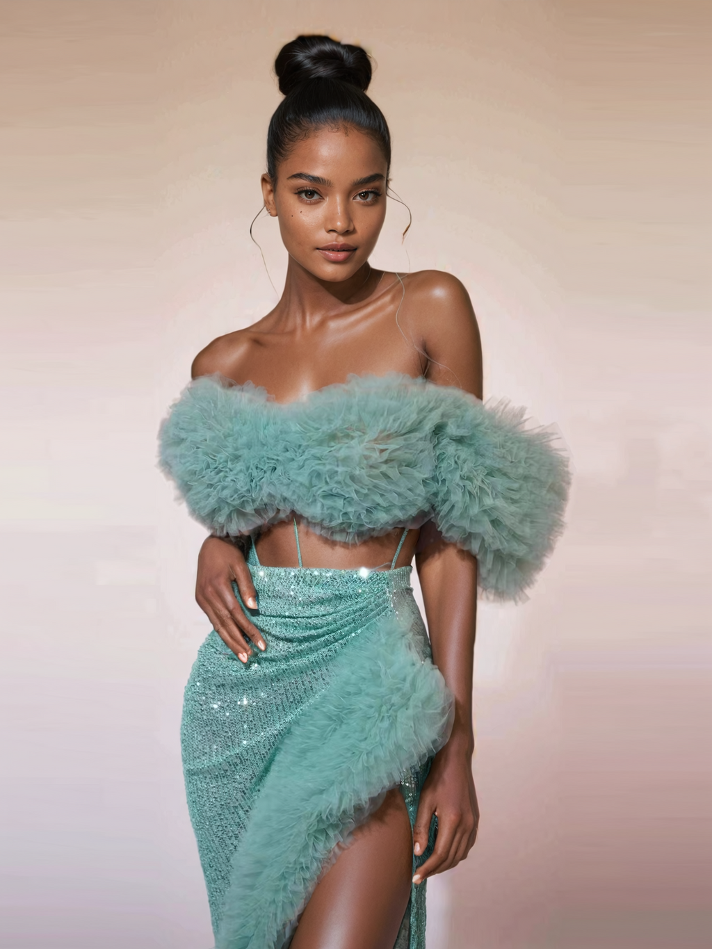 Jalynne Corset Tulle Trimmed Sequin Skirt Set In Mint Flowering Girl