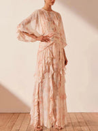 puff long sleeve tiered ruffle hem maxi dress in pink Flowering Girl