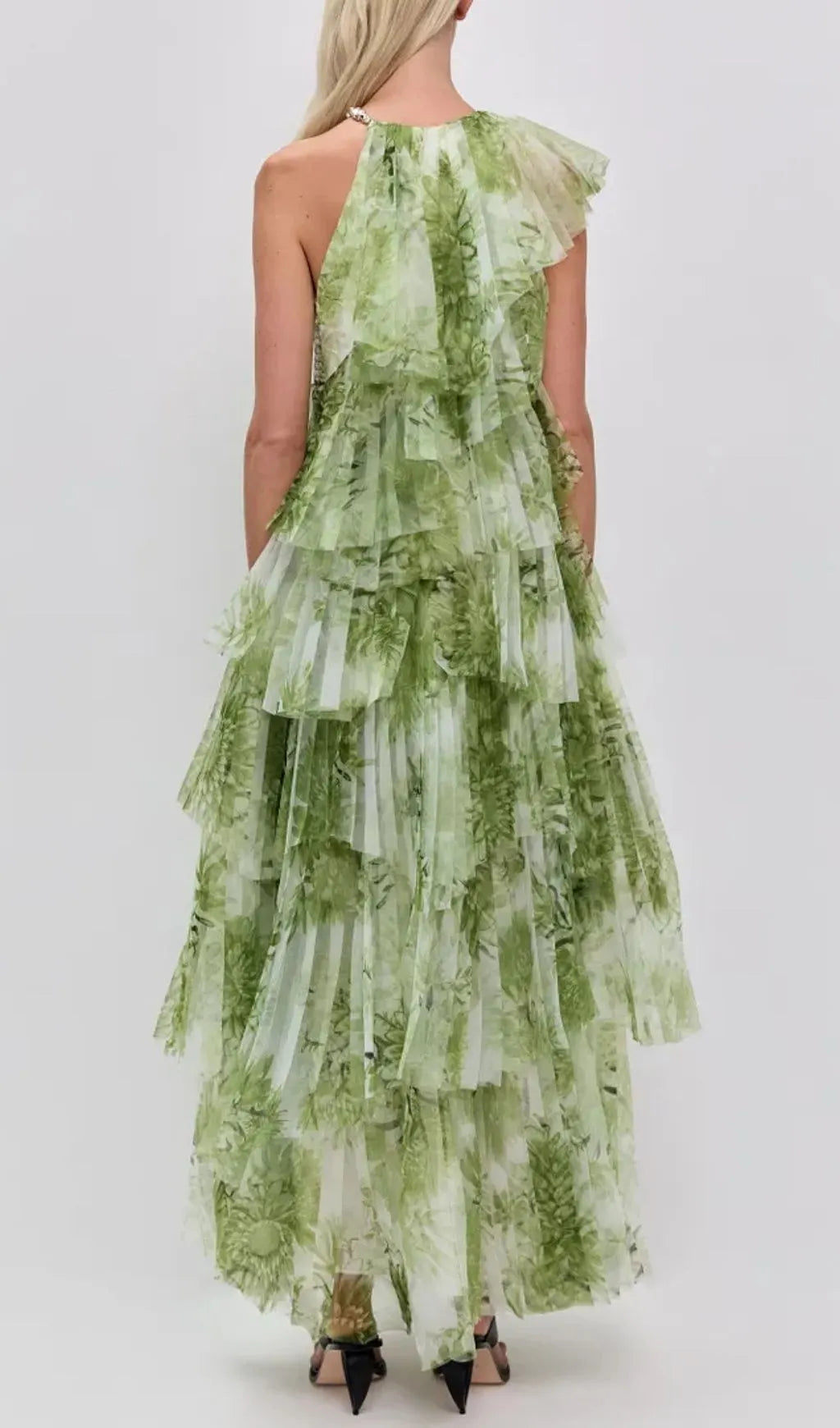 Claire Green Floral Print Pleated Layer Maxi Dress Flowering Girl