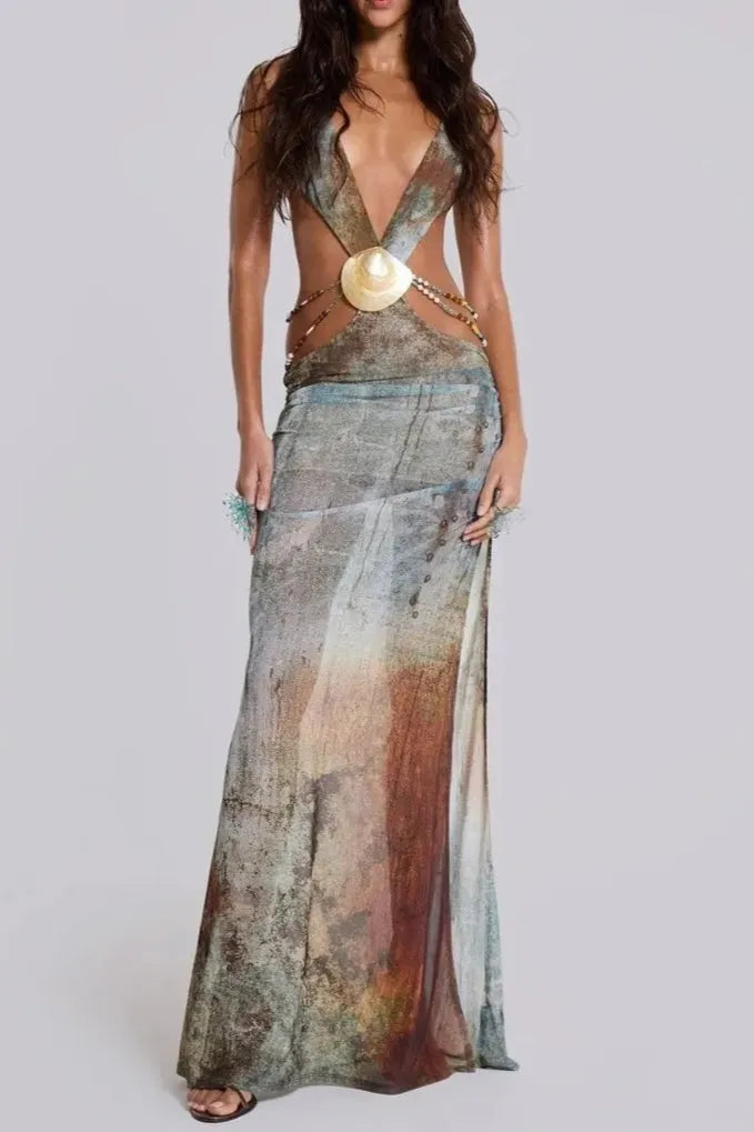 Einar Print Mesh Embellished Backless Maxi Dress Flowering Girl